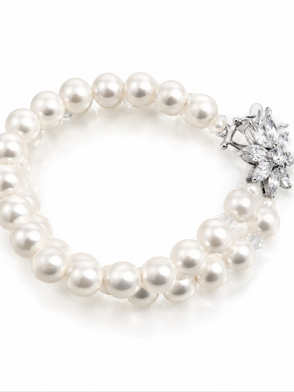 Vintage double strand pearl bracelet with 925 sterling silver clasp CZ stones